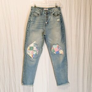 Sol High-Rise Light-Wash Patchwork Curvy Mom Jeans Floral Checkered Patches 9/29